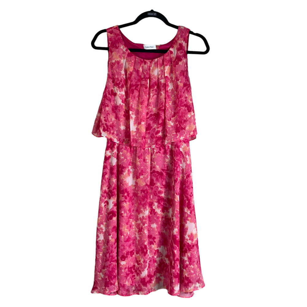 Calvin Klein Dress Size 14 Pink Watercolor Floral Sleeveless Knee Length Summer